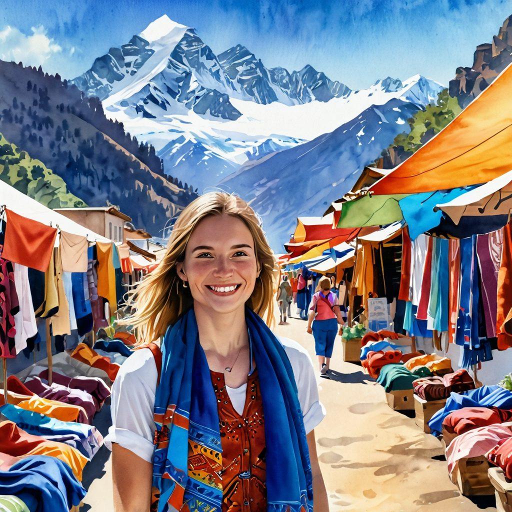 A fearless solo woman traveler explores a vibrant marketplace, surrounded by colorful textiles and local artisans, smiling as she takes in the joyful atmosphere. In the background, breathtaking mountains rise under a bright blue sky, symbolizing adventure and freedom. The scene is filled with warmth and positivity, capturing the essence of empowerment and exploration. watercolor illustration. vibrant colors. lively and dynamic.