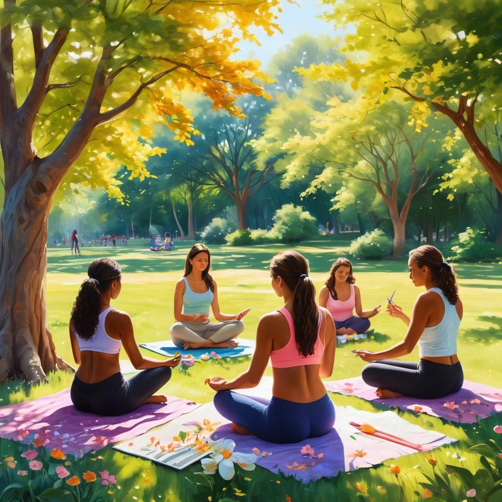 A serene and vibrant scene depicting a diverse group of individuals engaged in various creative activities like painting, writing, and yoga in a sunlit park. Include elements of nature like blooming flowers and trees, symbolizing growth and wellness. Each person should be expressing joy and empowerment through their crafts, portraying personal growth. The composition should evoke a sense of community and creativity. super-realistic. vibrant colors. peaceful atmosphere.
