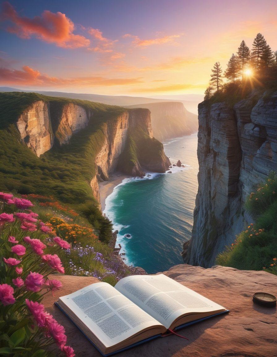 A serene landscape showcasing a woman standing at the edge of a cliff, gazing at a sunrise that symbolizes new beginnings. Surround her with elements of nature like blooming flowers and trees, representing growth and independence. Include subtle hints of personal items like a journal and compass at her feet, signifying self-discovery. The scene should evoke a sense of tranquility and empowerment. super-realistic. vibrant colors. soft focus.